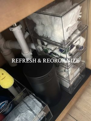 A post by @_catben_ on TikTok caption: Reorganizing under the kitchen sink 🫧🧼🫶🏼 #asmr #undersinkorganization #motivation #refresh #momlife #CleanTok #organizedhome 