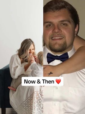 A post by @shelbanddyl on TikTok caption: Two kids and a little less facial hair later, I am so thankful for this life we’ve created ❤️ #shelbanddyl #nowandthen #trending #couple #Relationship 