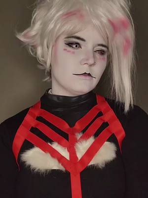 A post by @foxboi_cos on TikTok caption: #AngelDust #AngelDustCosplay #Angel #HazbinHotel #HazbinHotelCosplayer #AdultCosplayer #FTMTrans #Genderfluid 