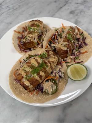 A post by @emmanuelduverneau on TikTok caption: Miso Cod Fish Tacos 🌮 🐟