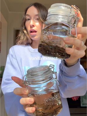 A post by @glowwithella on TikTok caption: homemade vanilla extract — slow the F down ep. 4 🪷🍦 *one serving* Ingredients - 10 oz Distilled Vodka   - 8-10 pods Organic Madagascar Vanilla Bean Pods  Recipe 1. Slice vanilla bean pods down the center (may need to cut in half depending on your jar) 2. Add pods to a 10oz or 12oz jar  3. Submerge in distilled vodka and seal jar 4. Store in a cool dry place, shake every couple of weeks 5. In minimum 6 months to 12 months (I would wait longer to get the best flavor) you’ll have vanilla extract! 