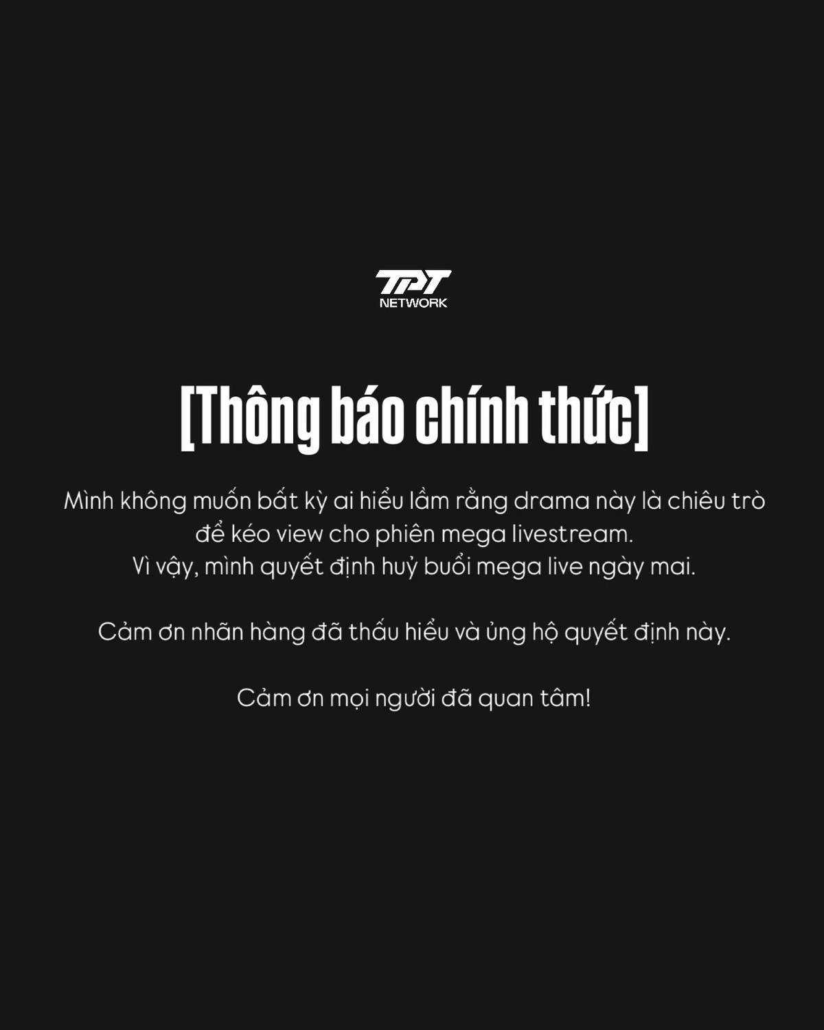 A post by @norinpham_m4 on TikTok caption: Mình không muốn bất kỳ ai hiểu lầm rằng drama này là chiêu trò để kéo view cho phiên mega livestream.  Vì vậy, mình quyết định huỷ buổi mega live ngày mai.  Cảm ơn nhãn hàng đã thấu hiểu và ủng hộ quyết định này.  Cảm ơn mọi người đã quan tâm!