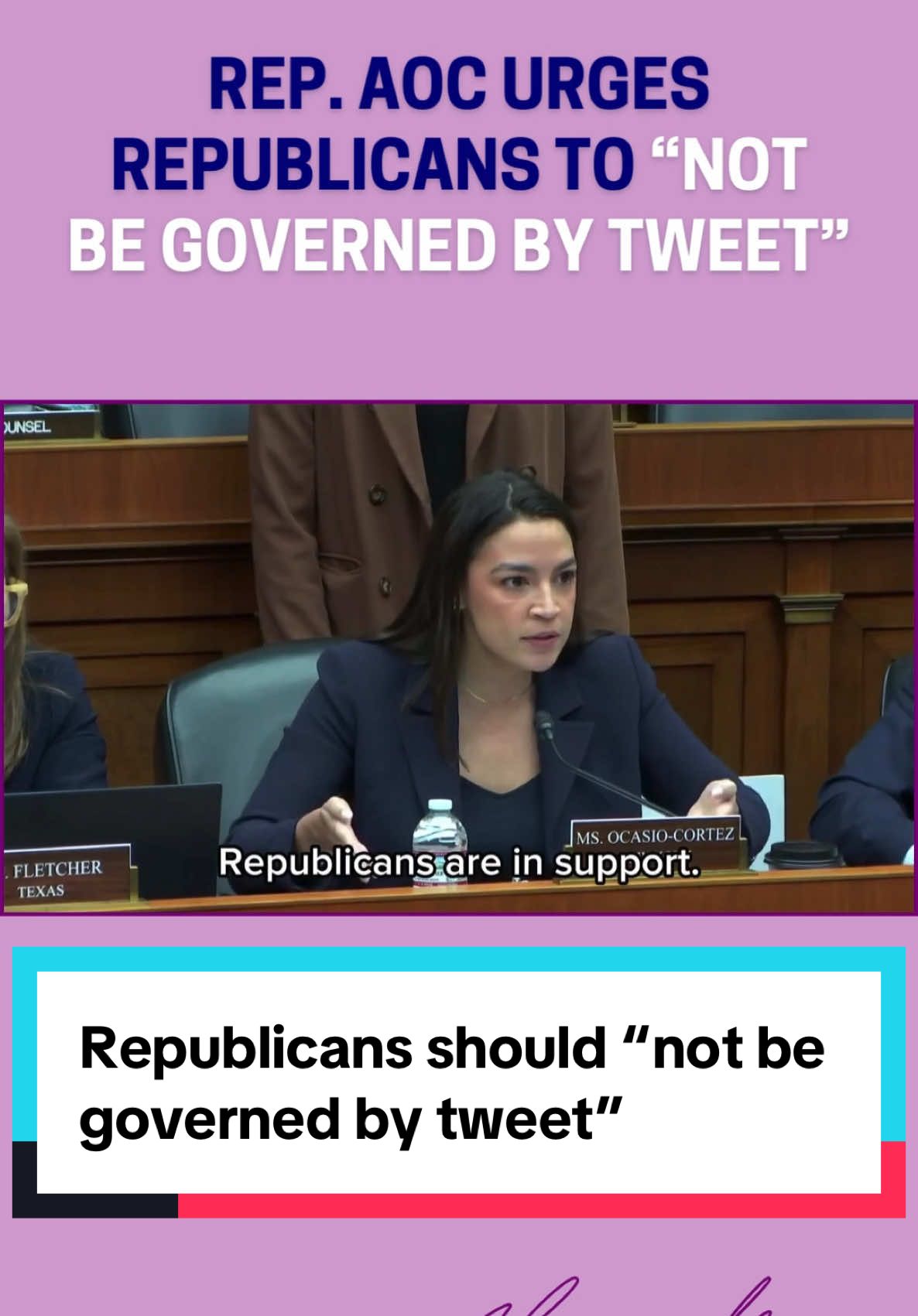 A post by @aocinthehouse on TikTok caption: Elected officials are supposed to answer to voters, not trolls. Every Member of Congress has a duty to stand up to oligarchs who inflate costs while patients suffer.
