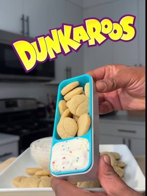 A post by @daronthechef on TikTok caption: Homemade Dunkaroos  1 and 1 Half Cups of AP Flour  1/2 Teaspoon of Baking Powder + Baking Soda Pinch of Salt  1 Stick of Unsalted Butter  1/2 Cup of Sugar  2 Tablespoons of Brown Sugar  1 Egg  2 Teaspoons of Cinnamon (ADJUST IF NEEDED)  Pinch of ground Ginger  For the frosting. I literally just used Frosting and sprinkles and mixed it.  I chilled the dough for about 1 hour! I cooked it in the oven on 350 for about 6-7 minutes & let them cook completely. #nostalgia #Foodie 