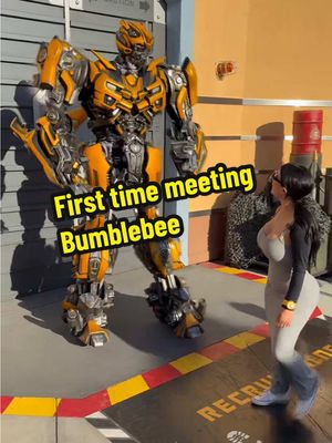 A post by @tinaexplorez on TikTok caption: My first time meeting Bumblebee! #fyp #viral #transformers #foryou #OOTD 