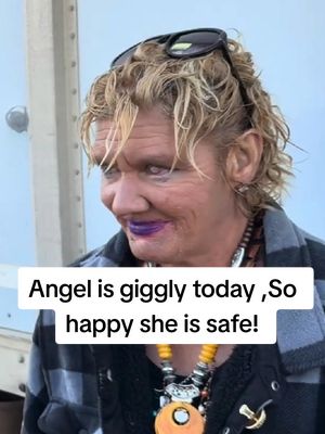 A post by @talesfromthestreets6 on TikTok caption: Angel is giggly today ,So happy she is safe! #frank #art #angela #angelaupdate #angelahomeless #talesfromthestreets #lostinphoenix 