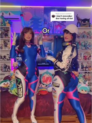 A post by @cherryneedlesll on TikTok caption: Replying to @Eroswhich one would you choose? 🥰 #Dva #overwatch #overwatch2 #dvacosplay #cosplay #cosplayer #fyp 