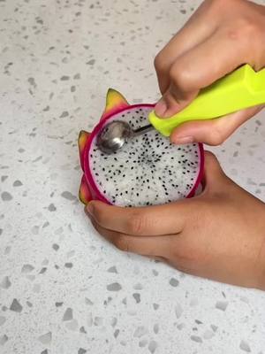 A post by @newlifehacks03 on TikTok caption: The three-in-one fruit scooper can dig out fruit balls, pulp, and fruit scoops. The key is easy storage. The three inlays save space #fruit