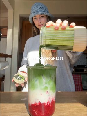 A post by @glowwithella on TikTok caption: raspberry vanilla matcha & a savory breakfast bowl 