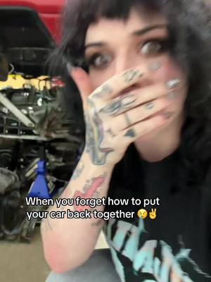 A post by @vermilionvixenmain on TikTok caption: All those dusty crusty old men were right idk what to do 😩😢✌️#mechanic #bluecollar #cargirl #carpartscheck #projectcar 