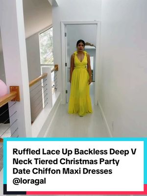 A post by @heyreemaa on TikTok caption: Ruffled Lace Up Backless Deep V Neck Tiered Christmas Party Date Chiffon Maxi Dresses.@Loragal #reemanimasti #reetiktokshop #reeshop #viralproduct #TikTokShop #ttshop #tiktokshopping #tiktokmademebuyit #tiktokshopfind #tiktokshopfinds #ttshopping 