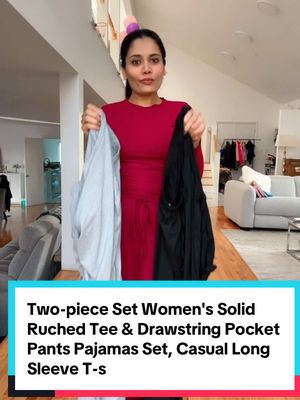 A post by @heyreemaa on TikTok caption: Two-piece Set Women's Solid Ruched Tee & Drawstring Pocket Pants Pajamas Set, Casual Long Sleeve T-shirt & Elastic Waist Trousers, Ladies Sleepwear Loungewear for All Seasons. #reemanimasti #reetiktokshop #reeshop #viralproduct #TikTokShop #ttshop #tiktokshopping #tiktokmademebuyit #tiktokshopfind #tiktokshopfinds #ttshopping 