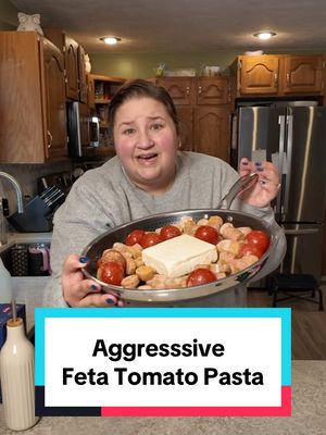 A post by @applesauceandadhd on TikTok caption: #AggressiveTutorials #AggressiveTutorialLady #AggressiveCookingShow #AggressiveCookingTutorials #Aggrecipes #viralfetapasta #fetatomatopasta 