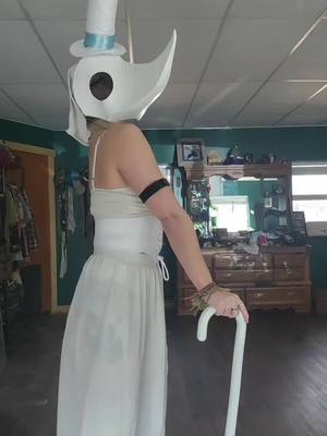 A post by @mavissky1 on TikTok caption: The mask has seen better days.  #goodside #mask #excalibur #excaliburcosplay #animecosplay #cosplay #souleater #fyp #lookingrough 