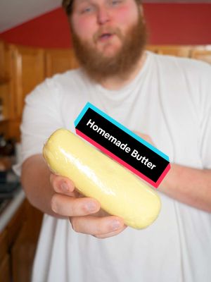 A post by @chefzealand on TikTok caption: Maybe the easiest recipe known to mankind right here  Ingredients:  It’s just heavy cream man cmon now 😭 #butter #homemade #heavycream #homemadebutter #food #foodie #chef #recipe #fyp 