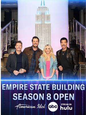 A post by @americanidol on TikTok caption: The judges flip the switch on for Season 8 from atop the @Empire State Building! #americanidol 