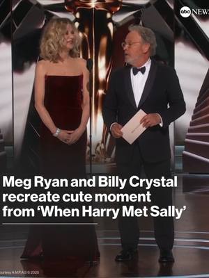 A post by @abcnews on TikTok caption: Before presenting the Academy Award for Best Picture to "Anora," presenters Meg Ryan and Billy Crystal shared a sweet moment that had rom-com fans in tears. #Oscars #Oscars2025 