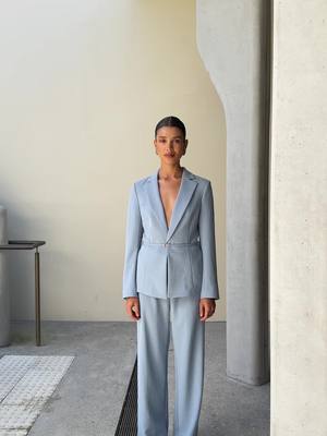 A post by @kookai_official on TikTok caption: Just Landed. Discover the Ariel Belted Blazer and Pants in Slate Blue. Available in boutiques and online #kookai 