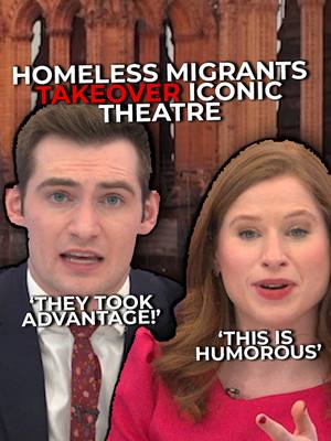 A post by @gbnews on TikTok caption: GB News' Emily and Tom react as a theatre in Paris faces bankruptcy after allowing hundreds of illegal migrants to occupy the venue for almost 100 days. #News #Paris #Migrants #Migration #Bankruptcy #Politics #GBnews