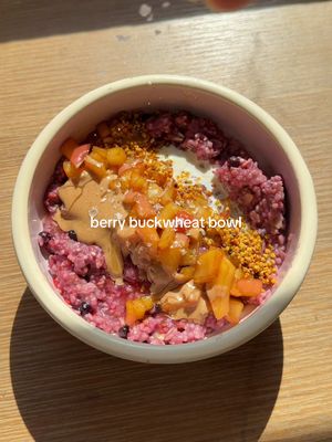 A post by @glowwithella on TikTok caption: Berry Buckwheat Oats Brekky Ingredients - 1/2 cup buckwheat hot cereal  - 1/4 cup oats  - 1 cup coconut milk  - 1/2 cup frozen berries (I did raspberries & blueberries) - 1 tbsp ghee  - 1 tsp vanilla  - Toppings: 1/2 stewed apple*, almond butter, bee pollen, flakey salt, dash of milk and honey drizzle  Recipe 1. Melt ghee in a small pot, add in buckwheat and oats, stir around to coat 2. Add in berries and mix 3. Pour over coconut milk, mix and bring to a light boil  4. Reduce heat to low and cover for about 10 minutes, remove from heat and stir in vanilla, let sit for a couple more minutes 5. Add to a bowl and top with toppings and enjoy!! 