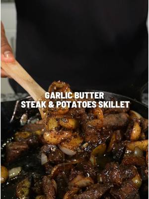 A post by @royaleeats on TikTok caption: Garlic Butter Steak & Potatoes Skillet! Ingredients are below and full recipe is posted on my blog www.royaleeats.com •2 pounds Sirloin Steak, or steak of choice, room temperature preferred before cooking •1 tablespoon Olive oil, for steak •2 teaspoons Kosher Salt, for steak •2 teaspoons Black Pepper, for steak •2 teaspoons Garlic Powder, for steak •Neutral oil, for cooking •1 pound Baby Potatoes, sliced into quarters •1 tablespoon Olive Oil •1 teaspoon Kosher Salt, to taste •1 teaspoon Garlic Powder •½ teaspoon Onion Powder •½ teaspoon Black Pepper, to taste •Neutral Oil, for cooking •¼ cup Unsalted Butter, up to ½ cup •½ medium Yellow Onion, chopped  •¼ teaspoon Kosher Salt, or to taste for garlic butter •¼ teaspoon Black Pepper, or to taste for garlic butter •1 teaspoon Fresh Rosemary, minced •1 teaspoon Fresh Thyme, minced •6 cloves Garlic, minced •2 tablespoons Worcestershire Sauce #royaleeats 