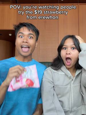 A post by @_angelomarasigan on TikTok caption: Let’s see if it’s worth it! 🍓👀 #erewhon #erewhonstrawberry #19dollarstrawberry #expensivestrawberry #comedytrending #siblingduo 