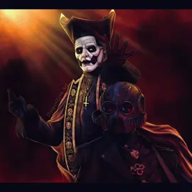 A post by @dragonzora_art on TikTok caption: Art commission raffle prize won by scrumptious_papas on instagram from the Shadows Of Hope California fires fundraiser.  This was a really fun piece to work on and I’m super happy with the amount of detail I was able to put into the piece. #thebandghost #thebandghostfanart #yearzero #papaemeritusiv #papaiv #cardinalcopia #phantomghoul