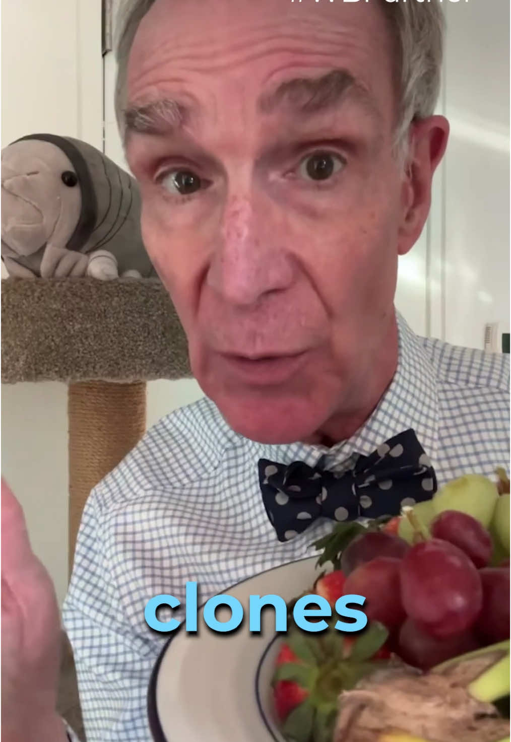 A post by @billnye on TikTok caption: #WBPartner Did you know the bananas, grapes, and strawberries you eat grow from seeds and cuttings of genetic duplicates? #Mickey17 takes us to a sci-fi future where human multiples emerge fully grown. Could be trouble. Just sayin'. Check it out in theaters this Friday. Tickets on sale now!