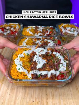 A post by @jalalsamfit on TikTok caption: High Protein Chicken Shawarma Rice Bowls🍗🌯🍚 One of the tastiest and most flavorful recipes I’ve made! Perfect for meal prep and weight loss🤌🏽 Macros Per Serving (5 Total) 553 Calories | 46g Protein | 48g Carbs | 19g Fat Ingredients (Makes 5) Chicken Shawarma - 1000g Boneless Skinless Chicken Thighs - 30g Minced Garlic - 2 Tsp Salt - 2 Tsp Black Pepper - 2 Tsp Smoked Paprika (or regular paprika) - 2 Tsp Onion Powder - 1.5 Tsp Cumin - 1.5 Tsp Cinnamon - 1.5 Tsp Sumac - 3 Tsp Olive Oil - Juice of 3/4 Lemon * Oven bake or Air Fry for 20 mins at 200C/400F + Broil for 3-4 mins to give a good char * Once cooked, let it rest 4-5mins then chop into cubes - use all the flavorful juices left in the pan! Fragrant Golden Yellow Rice - 20g Reduced Fat Butter - 35g Minced Garlic - 200g White Onion, finely chopped - 1 Tsp Turmeric - 1 Tsp Smoked Paprika - 1 Tsp Salt - 250g Uncooked Basmati Rice - 600g Water * Cook garlic and onion on medium low heat for 5-6 mins till softened and fragrant, then add spices and uncooked rice. Toast for 2-3 mins before adding water * Bring to a light bubble then cover with a lid, simmer for 10-12 mins or until fully cooked. Check halfway to mix, prevents sticking Special Garlic White Sauce (big batch, store in bottle) - 150g Fat Free Yogurt - 75g Light Mayo - 25g Honey - 1/2 Tsp each Salt & Black Pepper - 1 Tsp Garlic Powder - 25g Pickle Juice (add to your desired consistency) Fresh Crunchy Slaw (big batch, store separately) - 250g Red Onion, thinly sliced - 300g Cherry Tomatoes, chopped - 200g Pickled Gherkins, thinly sliced - 2 Tbsp Fresh Parsley, chopped - 1 Tsp each Salt & Black Pepper - 1 Tsp Sumac Don’t forget to check out my Digital Cookbooks with 225+ Delicious High Protein Recipes just like this!👨‍🍳❤️ . . . . #shawarma #chickenshawarma #shawarmarice #chicken #chickenrice #chickenrecipes #highprotein #mealprep #weightloss #healthyrecipes #fitness #lowcalorie #EasyRecipes #mealprepideas #weightloss #jalalsamfit 