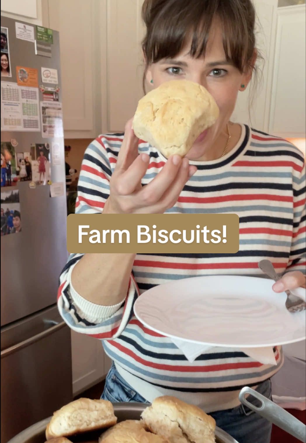 A post by @jennifergarner on TikTok caption: #PretendCookingShow: Farm Biscuits. My favorite Aunt Janet makes my favorite biscuits on my favorite farm. So I asked for her secrets to share with you. Here you go, from our Oklahoma family farm to your breakfast table Thanks, Janet and Robert ♥️👩🏻‍🌾 🚜 Farm Biscuits Ingredients: 2 cups flour  1 Tbsp baking powder  ¾ tsp salt ¼ cup canola oil 1 cup buttermilk . Directions: 1. Combine dry ingredients and make a well in the center of the mix. Pour oil and buttermilk into the well and gently mix together. I like my biscuit dough wet, so if the dough is too stiff and dry, add buttermilk a little at a time until you are happy with the consistency. 2. Pour batter out onto a floured surface and cover lightly with additional flour. Gently work the dough until fully combined. Roll and cut out/pinch and pull the dough to shape your biscuits and place into a lightly buttered or oiled baking dish. This recipe makes up to 12 biscuits. 3. Bake at 400℉ in a preheated oven until golden brown. Or, if you’re brave, smoke them on the grill like Uncle Robert! 4. Yum!