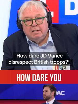 A post by @lbc on TikTok caption: JD Vance has sparked fury for branding Britain ‘a random country that hasn’t fought a war in 30 years’. #lbc #jdvance #ukpolitics #nickferrari #veteran #politics #news 