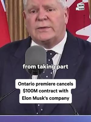 A post by @nowthisimpact on TikTok caption: Ontario Premier Doug Ford clapped back at Trump's reckless tariffs by canceling a $100 million CAD Starlink contract and banning U.S. companies from provincial deals