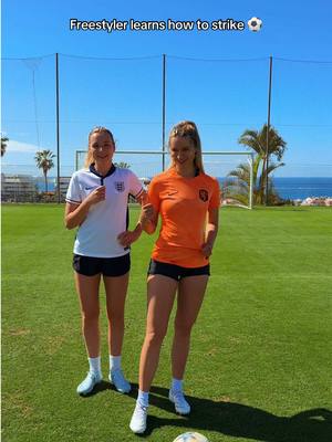 A post by @lia.lewis on TikTok caption: On todays menus, Jess teaches me how to strike.. 👀 oh dear oh dear (it’s a learning process 😂) #freestylefootball #womensfootball #girlssoccer #footballtiktok 
