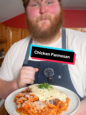 A post by @chefzealand on TikTok caption: If you don’t like chicken parm idk if I can trust you 👀 Ingredients:  Sauce: 1 White onion  4 cloves Garlic  2 tbsp Tomato paste  1 tsp Red pepper flakes  1 28 oz tomato can  1 tbsp Dried oregano  2 sprigs Fresh basil  2 tbsp Balsamic Vinegar  Chicken: 1 Chicken breast  2 eggs  2 cups AP flour  2 cups Panko breadcrumbs  2 tbsp Garlic powder  1 tbsp Ground parsley  1 tbsp Onion Powder  Peanut oil  Fresh Mozzarella Fresh Basil Leaves  Parmesan cheese (fresh)  Extras:  1 lb pasta of choice  2 tbsp butter  #chicken #chickencutlets #chickenparm #mozzarella #pasta #tomatosauce #food #foodie #chef #recipe #fyp