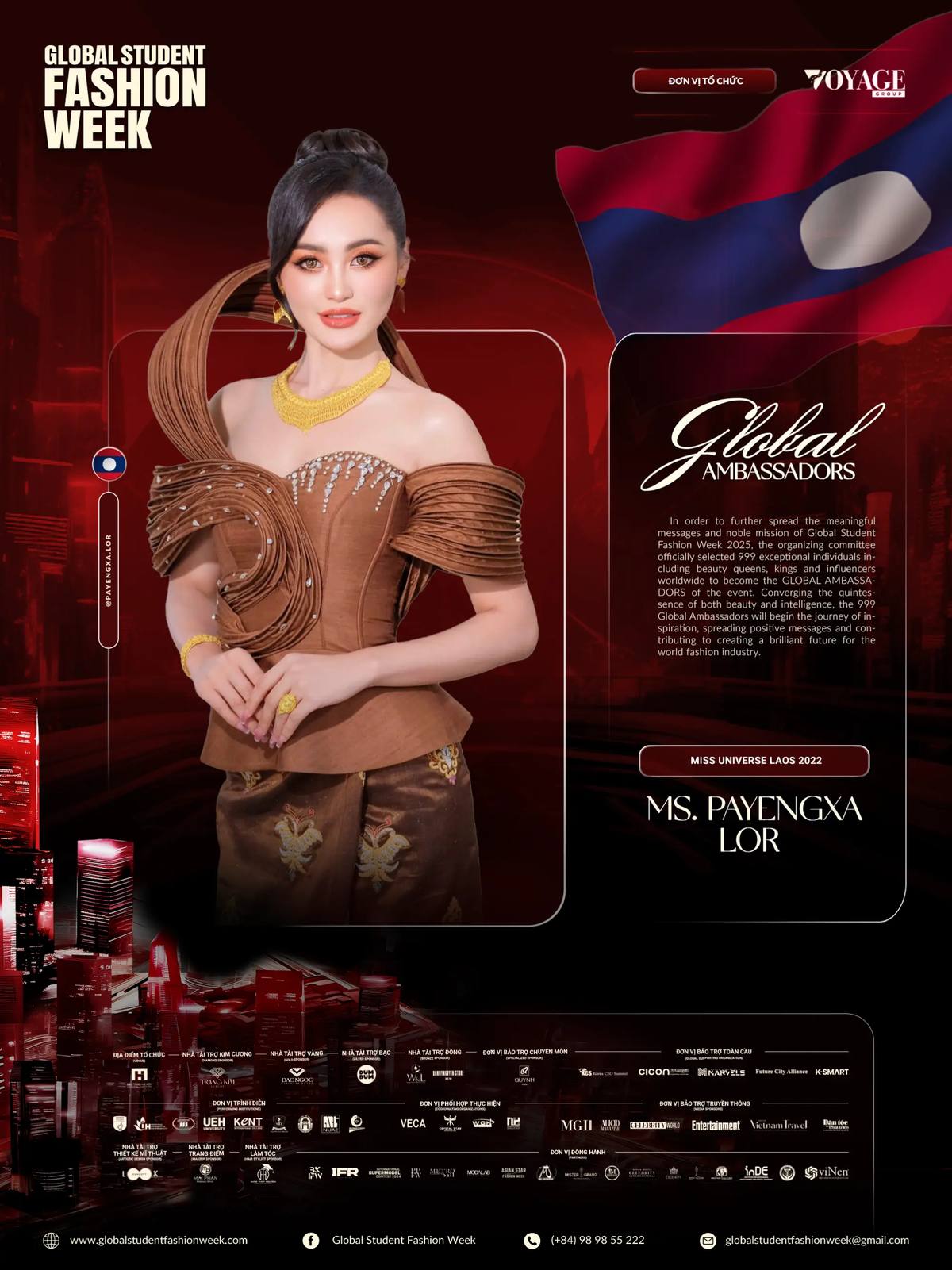 A post by @payengxalor1 on TikTok caption: ✨ Exciting News! ✨ ປ່າເຢັ້ງຊາ ຮູ້ສຶກເປັນກຽດ, ດີໃຈ ແລະ ຕື່ນເຕັ້ນຫຼາຍທີ່ໄດ້ຖືກຮັບເຊີນໃຫ້ເປັນ Global Brand Ambassador ຂອງ Global Student Fashion Week 2025! ນີ້ ທີ່ນະຄອນຫຼວງ ຮ່າໂນ້ຍ ປະເທດຫວຽດນາມ. I am beyond honored and thrilled to announce that I’ve been invited to be a Global Brand Ambassador for the Global Student Fashion Week 2025! 💫 This incredible event brings together the next generation of creative minds — 150 talented designers from 30 fashion schools around the world — all coming together to showcase their vision, passion, and artistry. Being part of this global movement means so much to me because it’s not just about fashion — it’s about innovation, culture, and the power of dreams. As an ambassador, I’m committed to supporting young designers, promoting creativity, and sharing the beauty of diverse perspectives from around the world. I truly believe that fashion is more than just style — it’s a powerful form of expression and change. I can’t wait to witness the magic that these talented students will bring to the stage in Hanoi, Vietnam, this December! Stay tuned for more updates as we celebrate the future of fashion together! Thank you Global Student Fashion Week  for this amazing opportunity — let’s inspire the world! 🌍✨ ——————— —————— ————————— #missuniverslaos2022 #top16missuniverse2022 #payengxalor #GlobalStudentFashionWeek #GSFW2025 #FashionForChange #FutureOfFashion #ProudAmbassador #CreativityUnleashed #InspireTheWorld