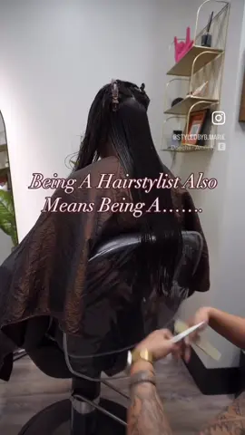 A post by @bmariee3 on TikTok caption: Hairstylist by trade, but also a therapist, plumber, janitor, life coach, and occasional magician… all in a day’s work. ✂️ We wear all the caps 🤓 #houstonhairstylist #behindthechair #htx #sugarlandtx #hairtransformation #salonlife #rodeohouston