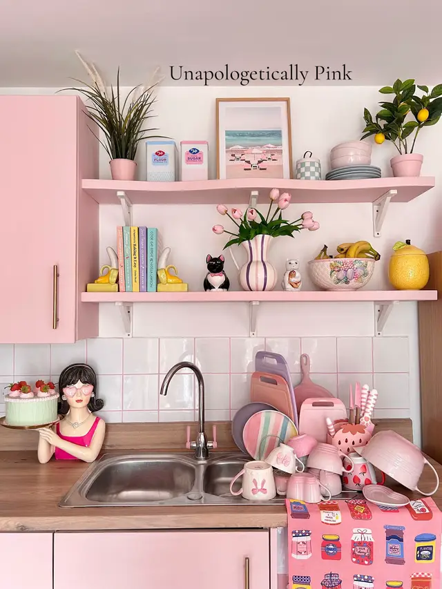A post by @kate_rose_morgan on TikTok caption: My favourite room in my house is my pink kitchen 💕 #girlykitchen #pinkkitchen #girlyaesthetic #cutehomedecor #kitchen #diykitchen 