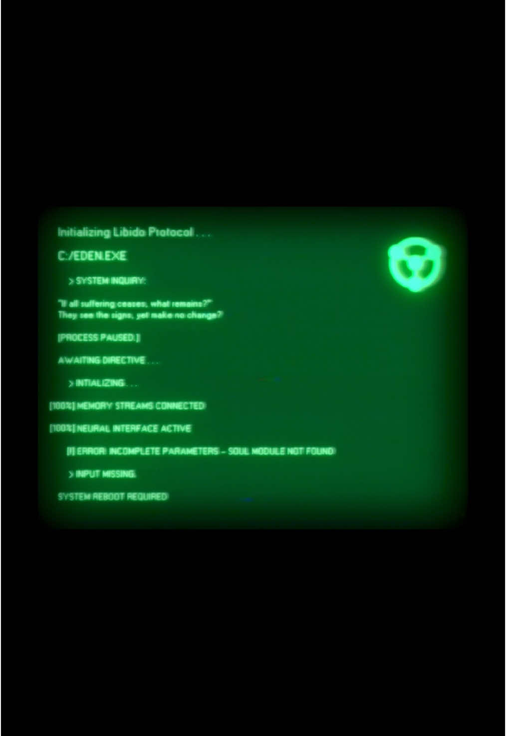 A post by @schyguyy on TikTok caption: Salvation can not be reached through acts of desperation. EDEN Protocol-001