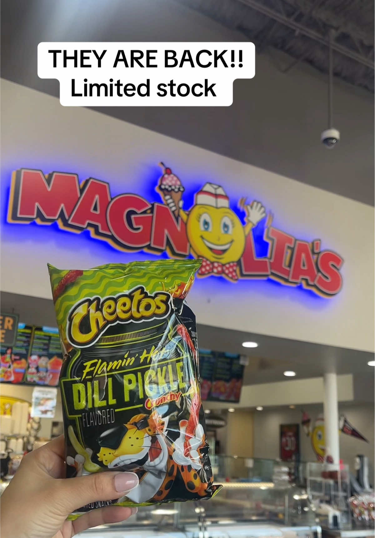 A post by @magnoliaicecreamandmore on TikTok caption: DILL PICKLE CHEETOS ARE BACK #cheetos #dillpicklechips #magnoliasicecreamandmore 