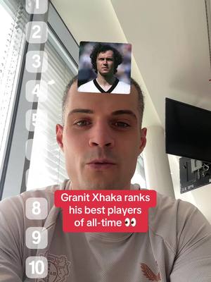 A post by @bundesliga on TikTok caption: Granit Xhaka ranks the best players of all-time 👀😅 #bundesliga #fussball 
