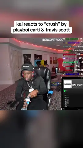 A post by @vrewls on TikTok caption: kai reacts to “crush” by playboi carti and travis scott #kaicenat #playboicarti #travisscott #fyp #foryoupage #iammusic #viral 