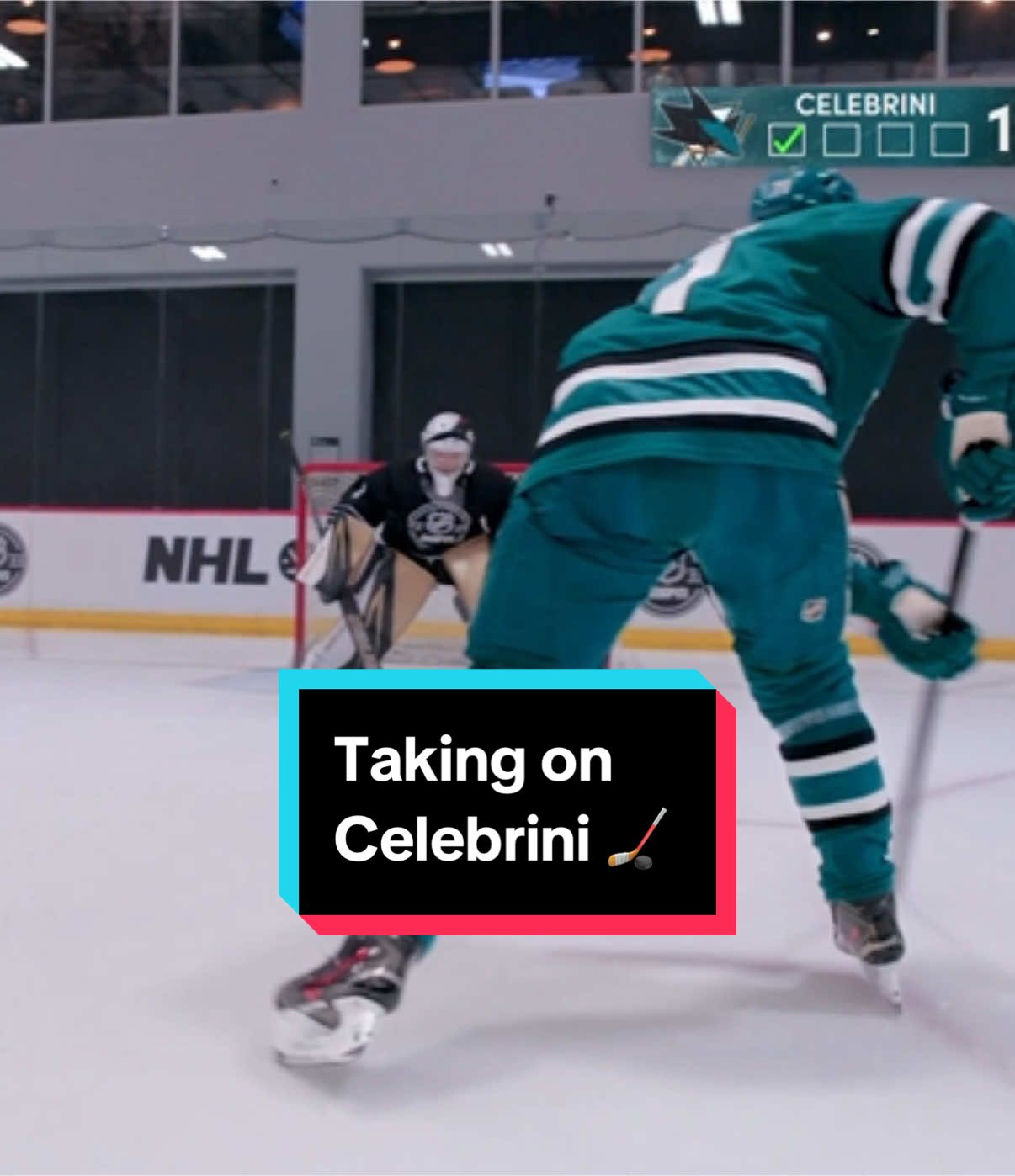 A post by @nickthegoalie_1 on TikTok caption: Taking on Macklin Celebrini in a shootout 🏒 @NHL on ESPN 
