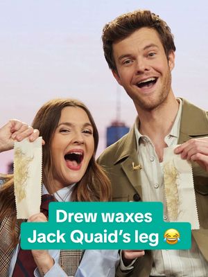 A post by @thedrewbarrymoreshow on TikTok caption: #Novocaine star Jack Quaid lets Drew wax his leg 😂 Tune in Monday for more! #jackquaid #drewbarrymore 