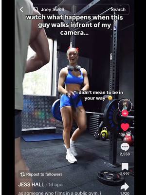 A post by @thejoeyswoll on TikTok caption: There is NOTHING wrong with filming in gyms that allow it, as long as you do so responsibly with respect for others just like @JESS HALL does! #GymTok #gym #fyp