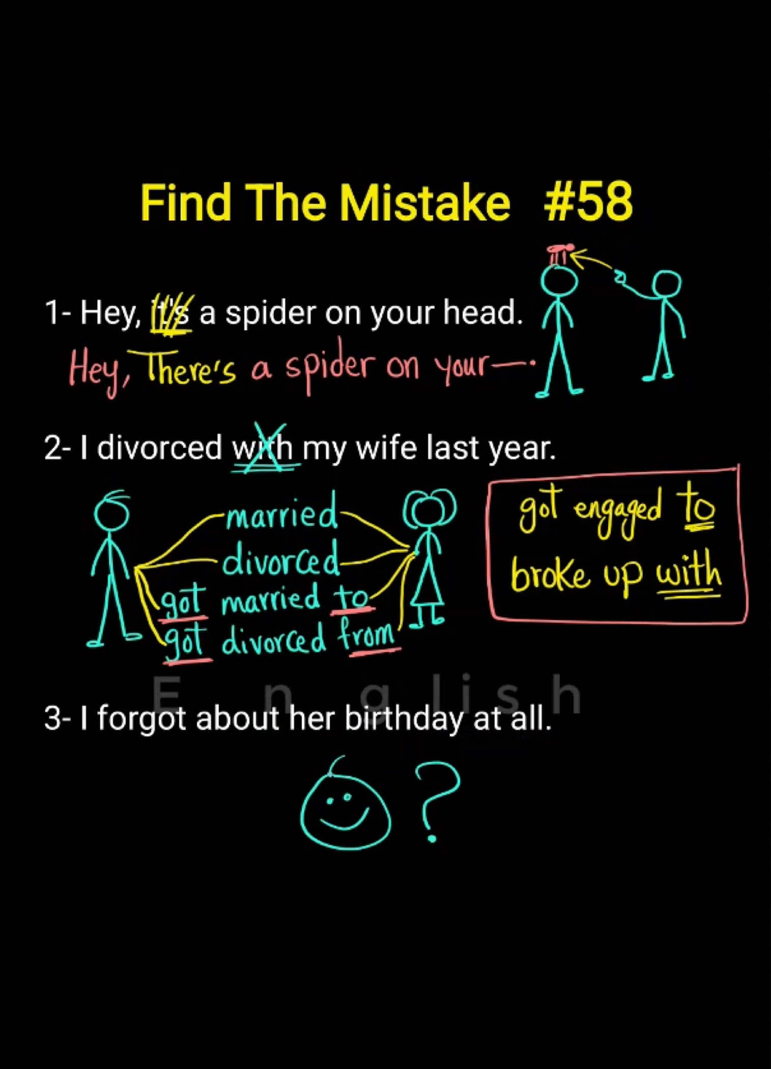 A post by @blackscreenenglish on TikTok caption: Common Mistakes in English