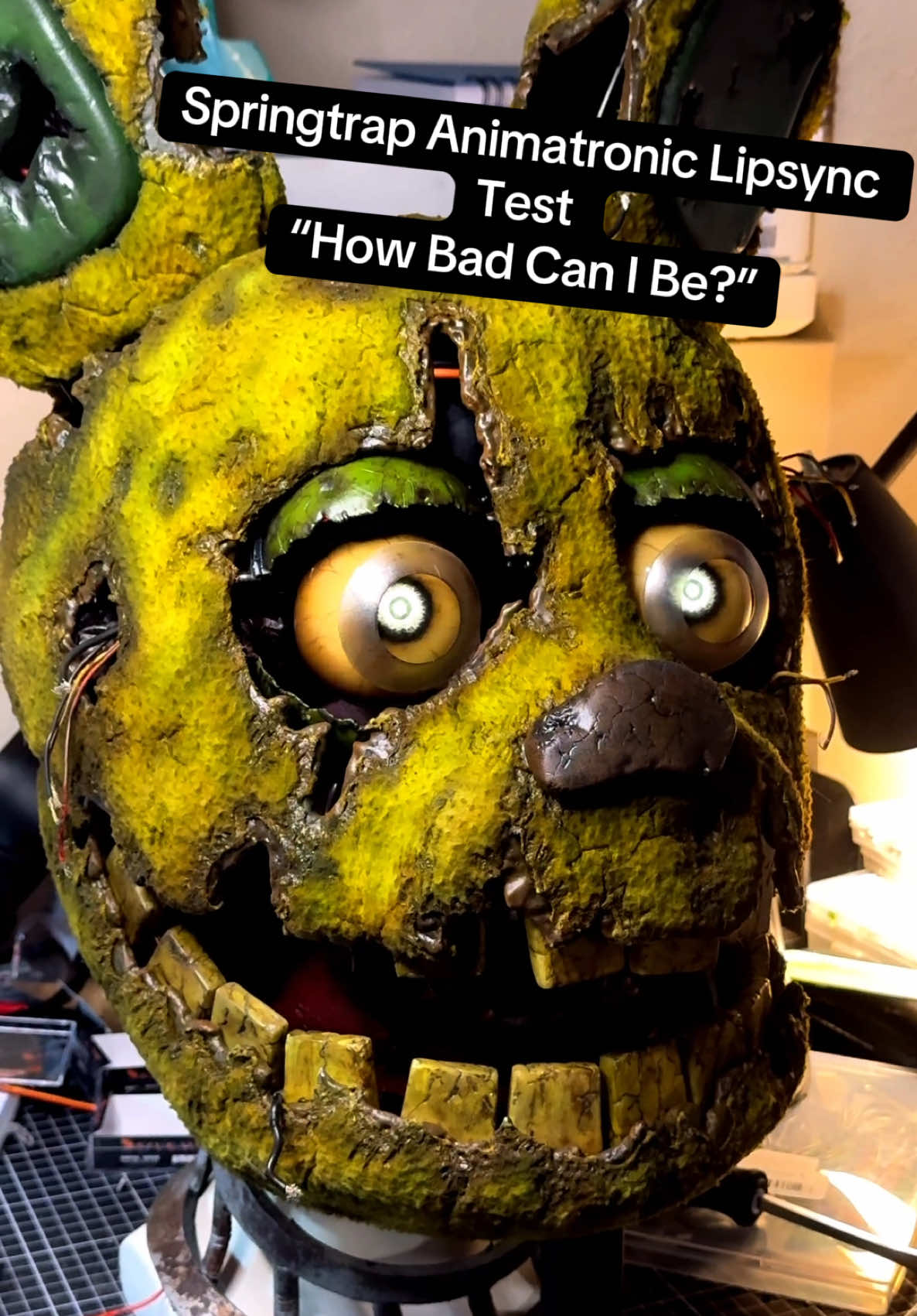 A post by @daregularsauce on TikTok caption: Been testing some new animatronic parts I put into my Springtrap cosplay’s head- Obviously this is the most fitting song for him to test with  #fnaf #springtrap #springtrapcosplay #williamafton #animatronic #fnafmovie #freddyfazbear #fivenightsatfreddys 