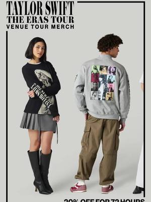 A post by @taylornation on TikTok caption: 2 years later, and we’re still dressing like we went to #TSTheErasTour last night. If you missed out on merch at the show the #VenueTourMerchCollection is available now and 20% off for 72 hours or while supplies last! 💚💛💜♥️🩵🖤🩷🩶🤎💙🤍