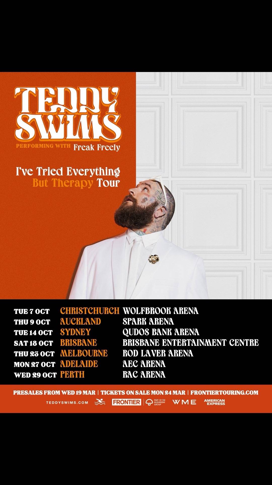 A post by @teddyswims on TikTok caption: Australia + New Zealand !! We’re heading back this October !! I can’t wait to see you all !! I LOVE YOU 🧡 Pre-Sale Starts tomorrow, general on sale Monday!  •March 19th | 1pm Local: AMEX Pre-Sale •March 20th | 1pm Local: Frontier Pre-Sale  •Monch 24th | 11am Local: General On-Sale