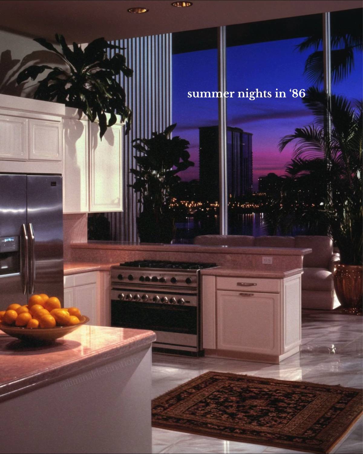 A post by @liminaldestinations on TikTok caption: Tarzan Boy supremacy 💃🏼 Summer nights in 1986 [AI] #80s #1980s #interior #80sinterior #80sluxury #vaporwave #retro #vintage #liminal 