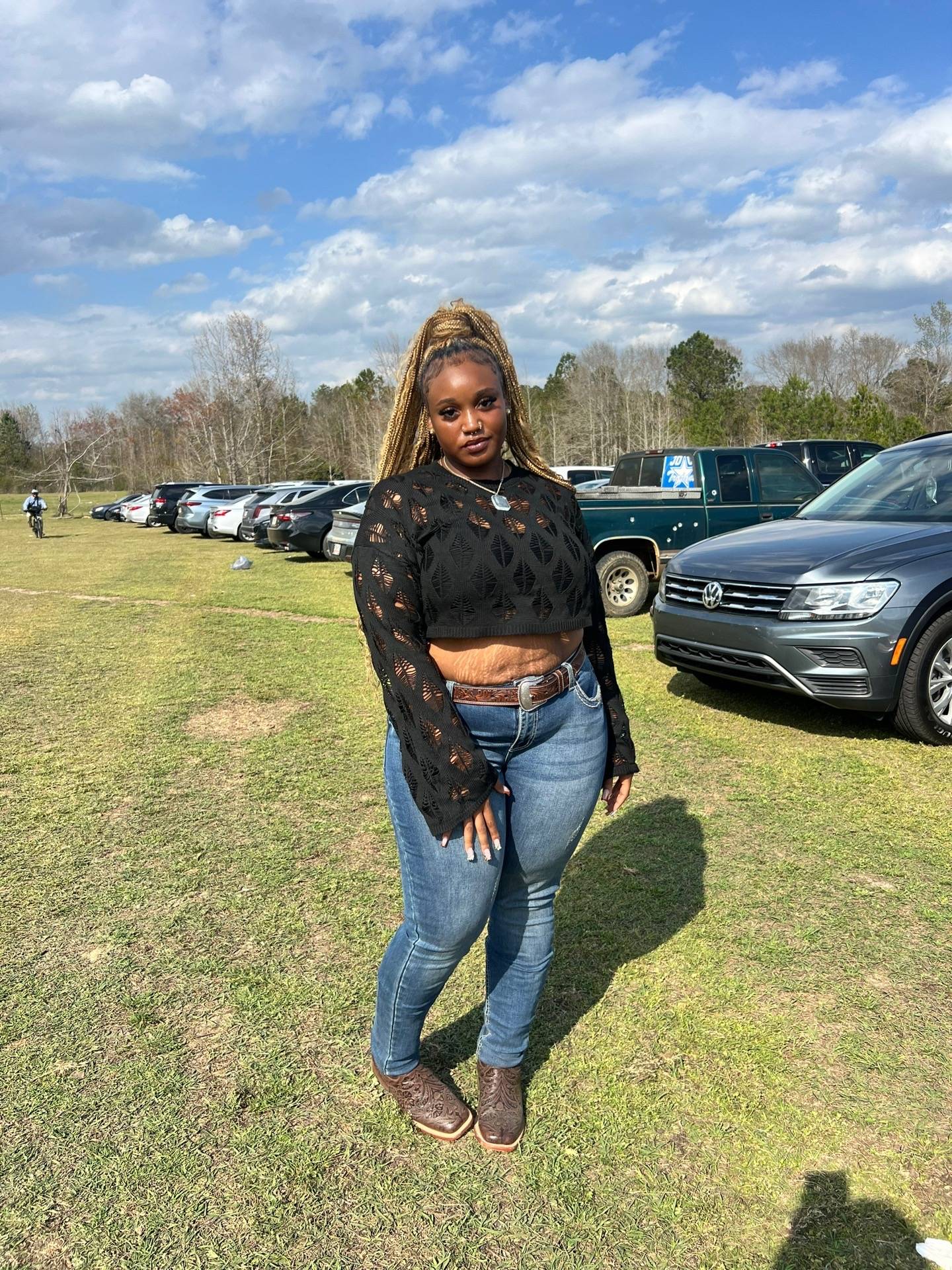 A post by @zhykeriah on TikTok caption: I never really post myself but THESE ATE 😍😮‍💨  Tri-county yall definitely treated me well until next time ❤️ #trailride #tricounty #westernfashion 